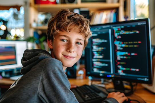 Ein Junge schaut in die Kamera, im Hintergrund ein Bildschirm mit dem Code