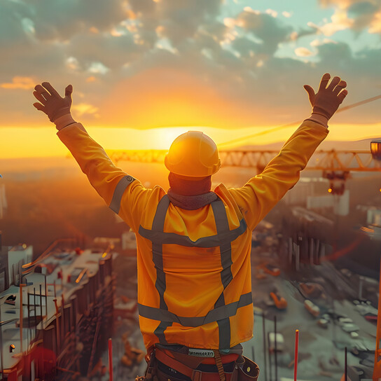 Ein Bauarbeiter genießt den Sonnenuntergang von oberen Stockwerken