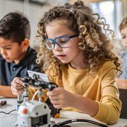 Ein Mädchen mit der Brille baut einen Roboter 